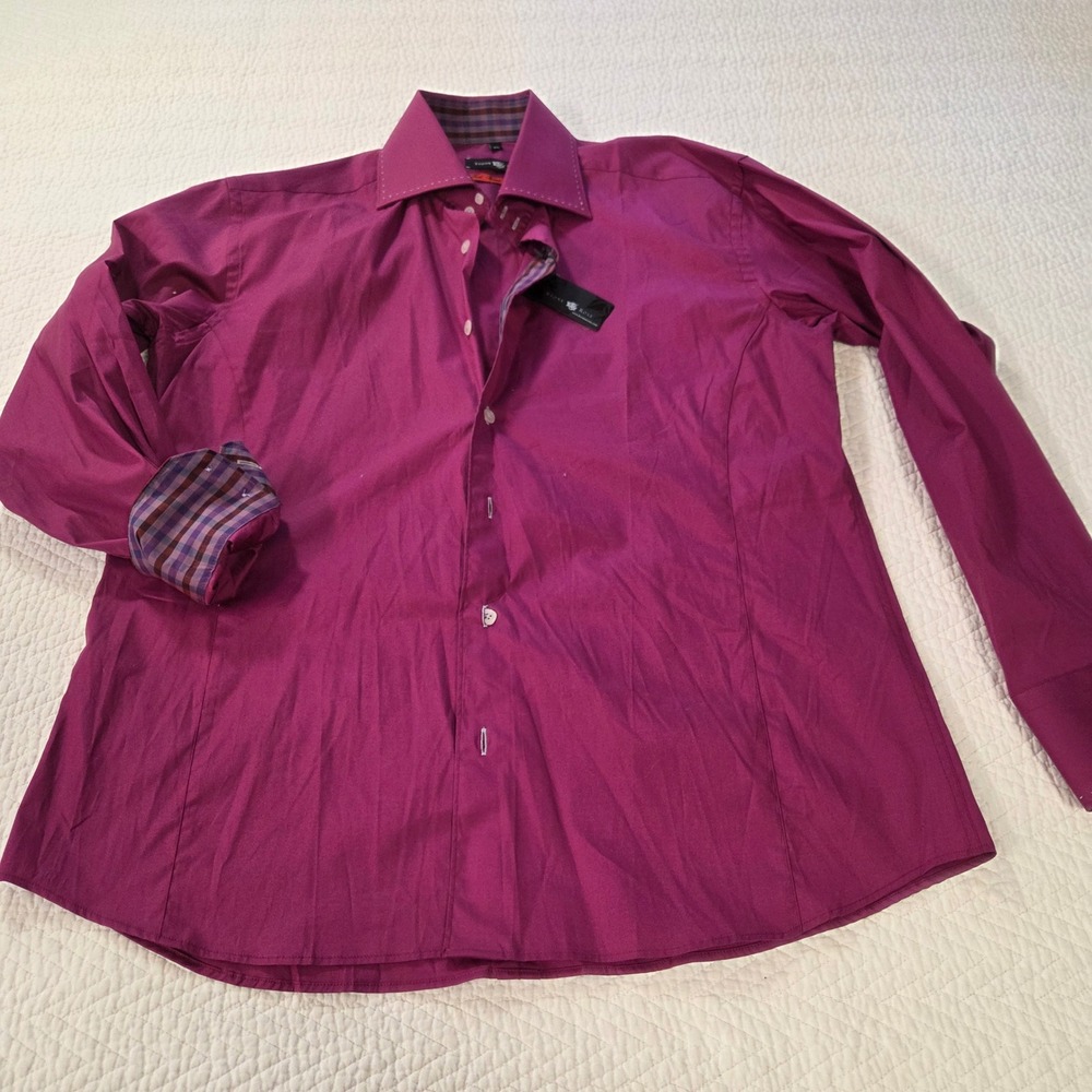 Stone Rose Red River Magenta Purple Button Down Shirt 4 L Plaid Trim Stretch